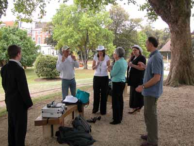 10. Matt, Peter, Louise, Clare, Sarah and Guy preparing in Forbury gardens with white hats
