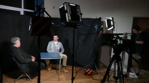 Anthony and Krzys being filmed by Dave with his elaborate lighting and mic setup