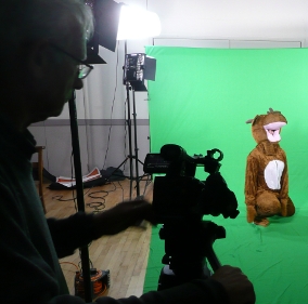 Filming Gabi in  a moose outfit