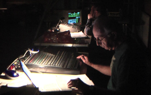 David controlling the sound effects for the panto dress rehearsal