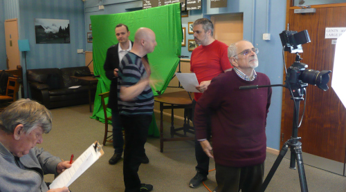 Roger, Andy, Oli David and Jonathan preparing to film a script